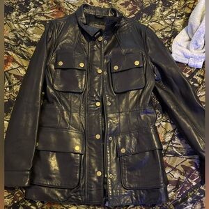 Vtg Banana Republic Women Leather Coat Jacket M Studs Belt Biker Grunge Military